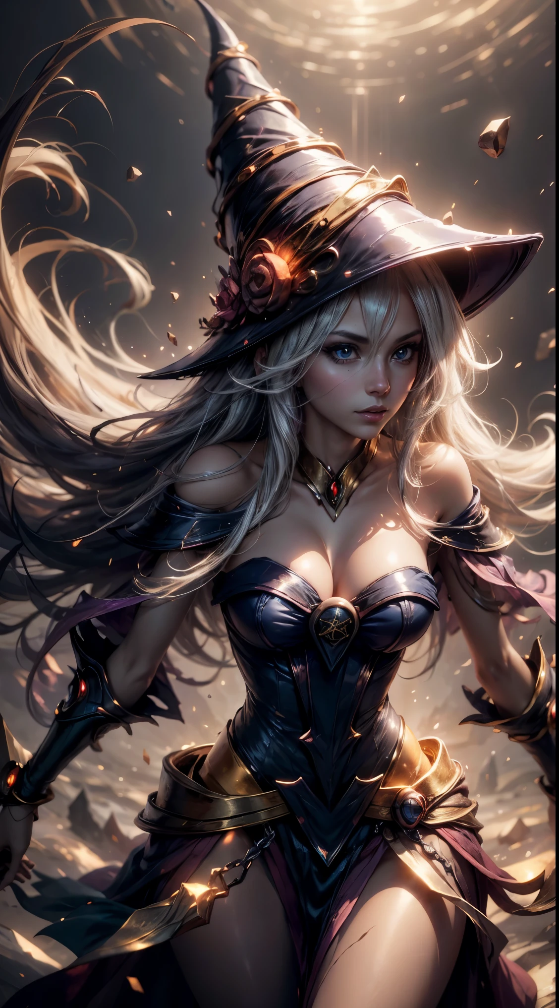 "Photograph of a dark magician golden sorceress under the moonlight,  Atmospheric, Hora dorada, encantador, Oscuro y encantador."