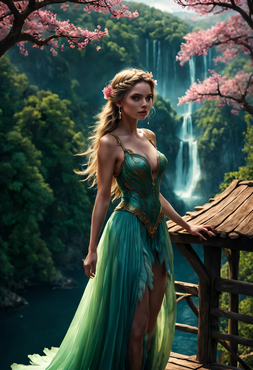 premiado, arte conceitual, belas artes, epic fantasy digital art, bird view,cinematic lighting, Vista descendente,plano super amplo,Viewing angle from afar,profundidade de campos,beautiful young lady (Aurora "A Bela Adormecida" ), (27 anos), ((((corpo inteiro)))), (((usando vestido longo Rosa)), The beauty of an idyllic country fairy tale,((cachoeira)),Pitoresca, pitoresco, Rustic, ((Campo de arroz;1.7)), ((Peach blossom tree)), ((Pequenos rios:1.4)), ((The treehouse is connected to the treehouse by a wooden bridge)), epic,