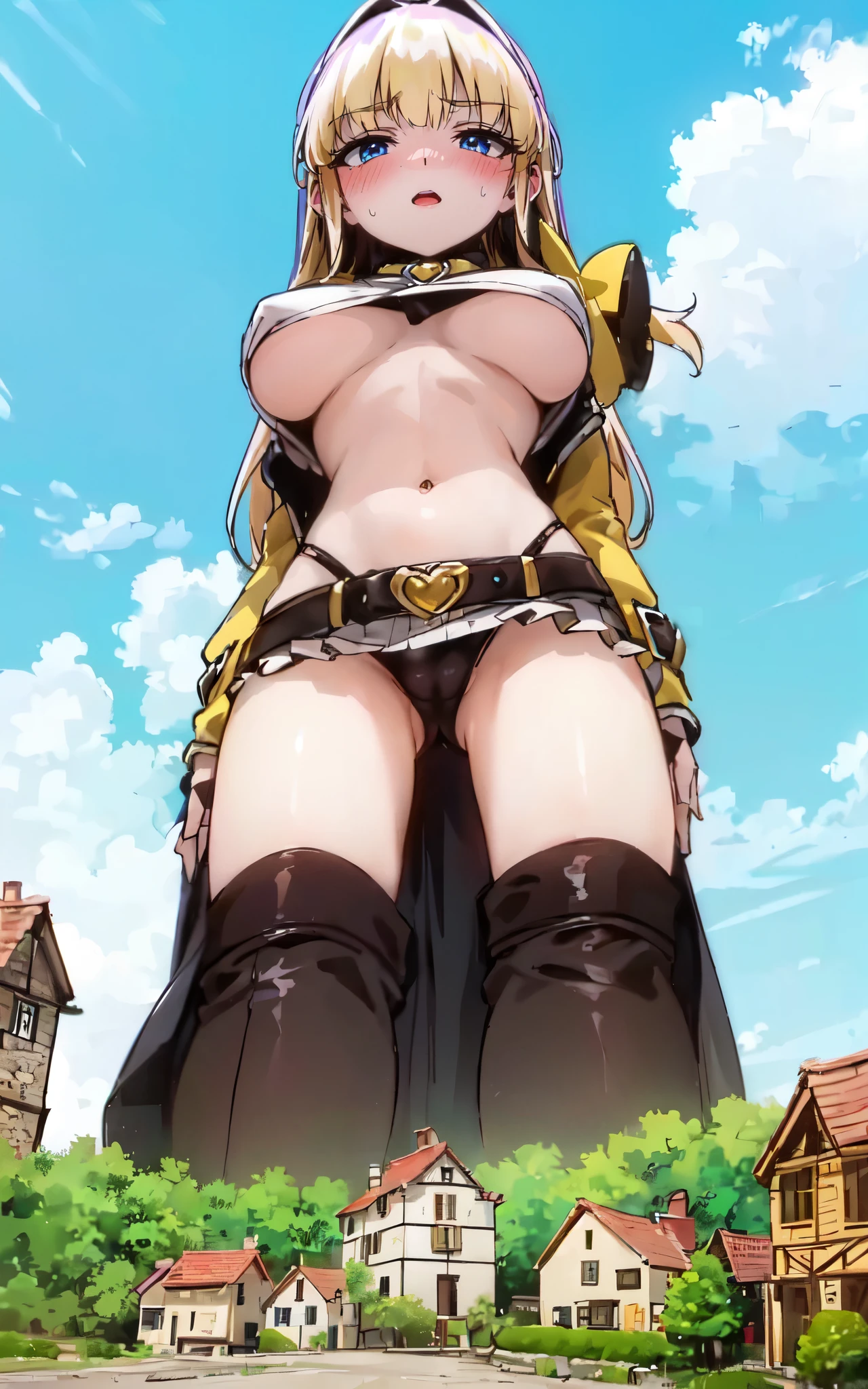 (a giantess in a tiny village on a tiny cliff: 1.4), (giantess behind a cliff: 1.2), (tiny village on a tiny cliff in front of the breasts of a giantess: 1.2), (tiny village from sky view: 1.3), (1girl:1.2), (very tall: 1.1), (navel), sweaty, (tiny village from sky view:1.2), (view from below: 1.4), stone, (huge breasts: 1.2), cameltoe, (2girls:1.8), (minigirl:1.1), (rear end: 1.1)