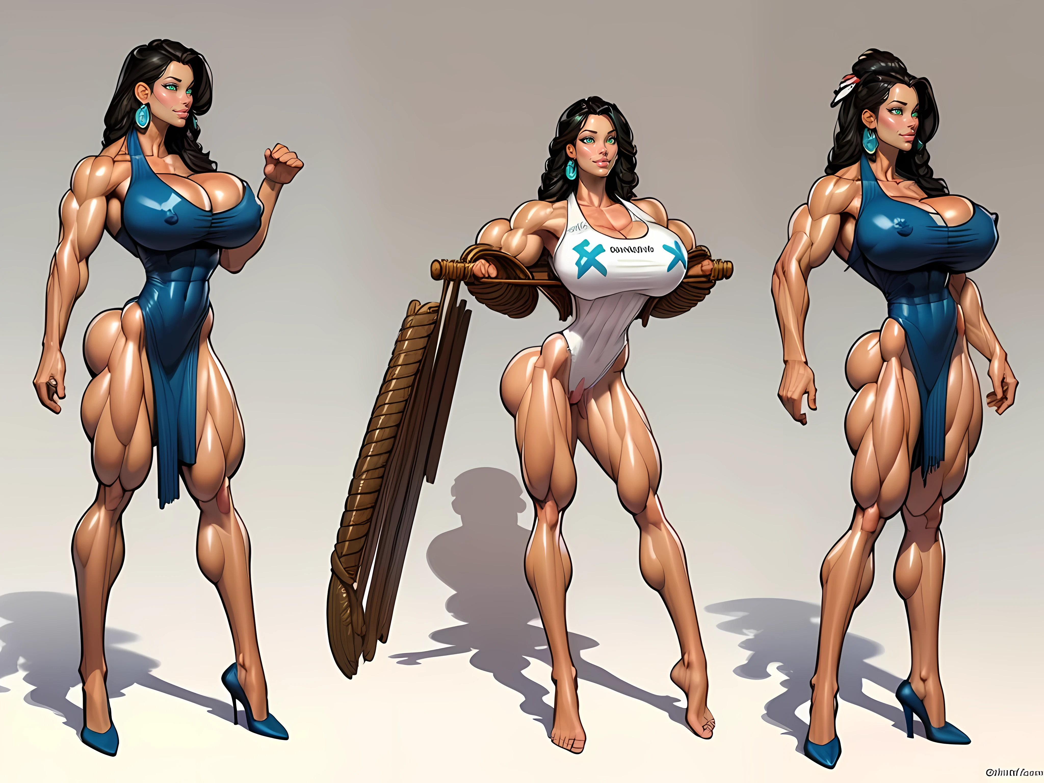 ((masterpiece)),(((best quality))),((character design sheet)), ((full body view)) ((native american girl)) mature face, defined cheekbones, high cheekbones, illustration, native girl, muscular, ((buckskins:1.4)), sexy bimbo, black hair, ((detailed face:1.4)) beautiful woman, (native:1.4) (dresses:1.3) , shiny skin, scribbles and marks,(puffy lips:1.4) , rough sketches, pose, 8k,16k, (simple background, white background: 1.3) beige color palette, brown legs, brown arms, brown face, ((NSFW)), (((accurate anatomy))), ((wide hips)), (((Huge breasts))), ((long legs)), (((Massive Female Bodybuilder))), ((((Muscular Legs)))), (((((Huge Muscles)))))