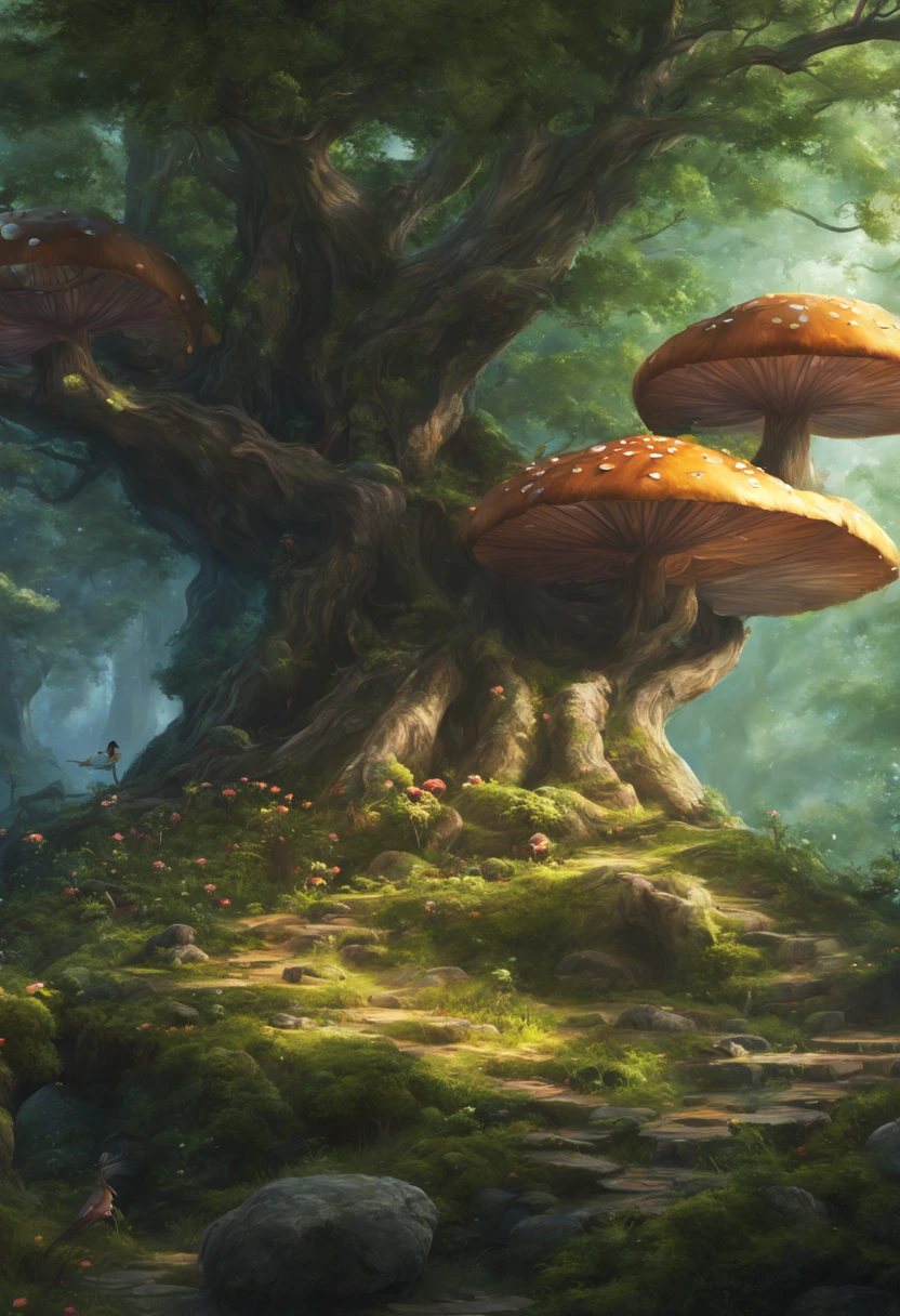 masterpiece, best quality, high quality,extremely detailed CG unity 8k wallpaper, An enchanting and dreamy scene of a fantasy forest, with towering trees, glowing mushrooms, and hidden fairy glens, creating a sense of mystique and enchantment, artstation, digital illustration, intricate, trending, pastel colors, oil paiting, award winning photography, Bokeh, Depth of Field, HDR, bloom, Chromatic Aberration ,Photorealistic,extremely detailed, trending on artstation, trending on CGsociety, Intricate, High Detail, dramatic, art by midjourney