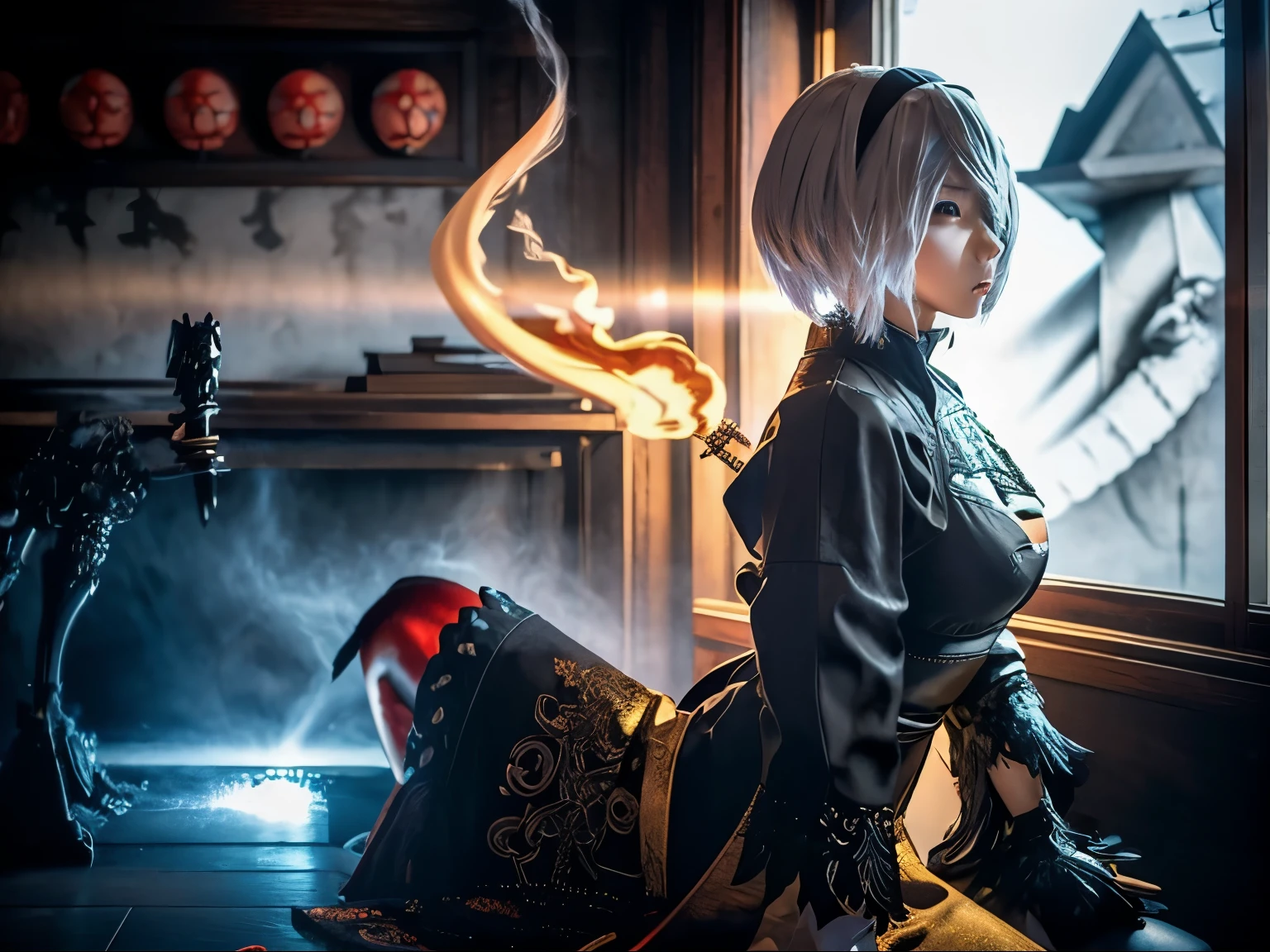 Unreal Engine 5,full HD,Final Fantasy render,black scarlet gold Japan teenage women,good figure,black eye mask,short bob hair,hairpins,the author:Nier:Automata character,zen temple background,Wear luxury sexy Kimono,effect with aurora surround,Holding long vintage pipe,smoking in the air, sitting on the iron thrones,poses bautiful movement,detailed silver kimono,black etched Kimono, effect flame in the air,and showcase the glowing angry golden red Japan dragon behind her back