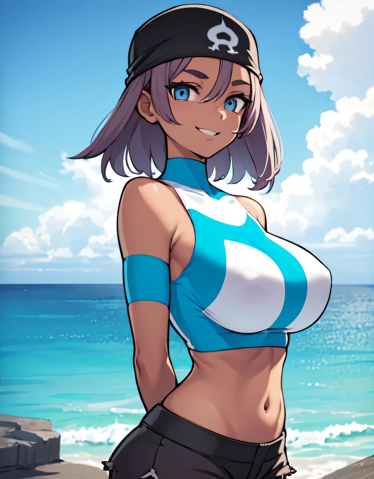 pkmntag, bandana, striped crop top, armband, black shorts,(Sensitive smile:1.2),null,Ocean, cloud,Rocky Shore,(black skin:0.8),super detailed,(big breasts:1.5),looking at the viewer,Are standing,(((masterpiece))),((highest quality)),perfect anatomy,8K UHD,highly detailed face,luster and luster,((1 girl)),((alone)),(beautiful and fine eyes:1.5),perfect image,(Upper body:1.1),(look ahead:1.1),turn your arms behind your back,slim waist,(shiny hair),blue eyes,