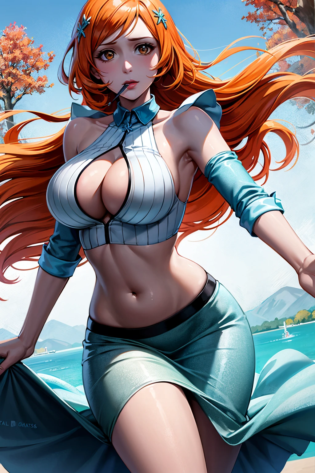 (masterpiece), best quality, expressive eyes, perfect face, looking at viewer, 1girl, solo, (cowboy shot), brown eyes, orange hair, long hair, mouth shut, forest, fall, lake, sky, hair ornament, center opening, detached sleeves, Inouedress, shiny skin, navel, midriff, long skirt