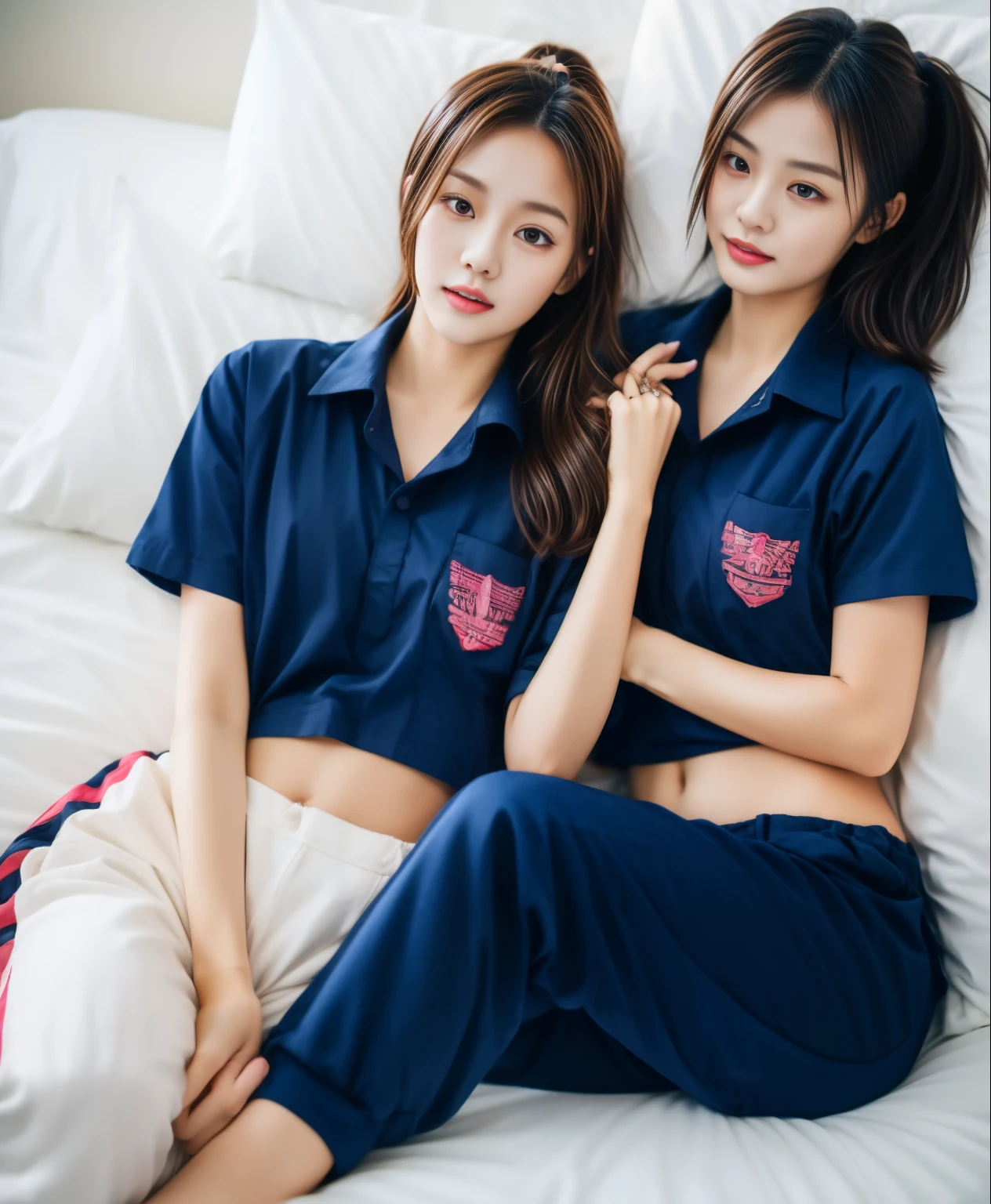 2 girls in bed, Navy blue short-sleeved shirt,Navy Long Trackpant,Sweatpants, Sweatpantsขายาว,25 year old girl, หญิงรักhave sex, sexy, lying on the bed., exercise clothes, have sex, Realistic gestures, 