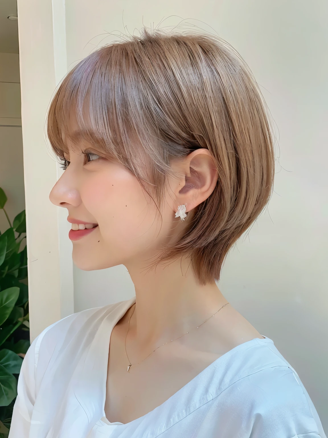 white wall、Taken in front of the white door、(窓のあるwhite wallの部屋)、(8K、Raw photo、highest quality、masterpiece:1.2)、High-definition RAW color photo、professional photos、(realistic、フォトrealistic:1.37)、Shot in natural light、1 girl、laughter、Versatile poses、Spring clothes、 necklace、(Beautiful profile:1.3)、Don't look at the camera、profile、shortcut、((bright hair color))、short hair、Shot in natural light、High-tone hair color、earrings、Blouses in pastel colors、Smile