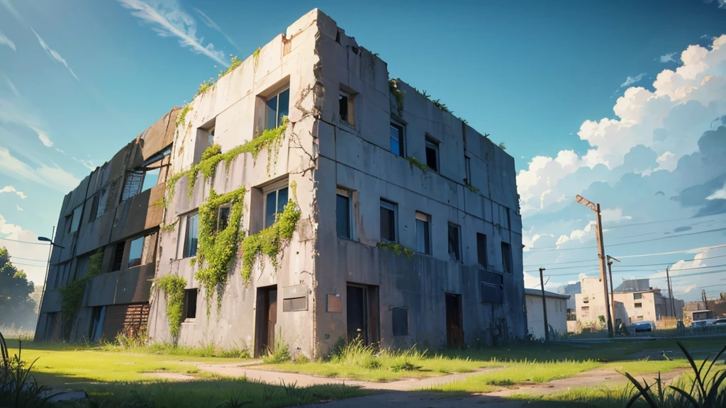 abandoned concrete building covered in grass, town eroded by nature, summer sky