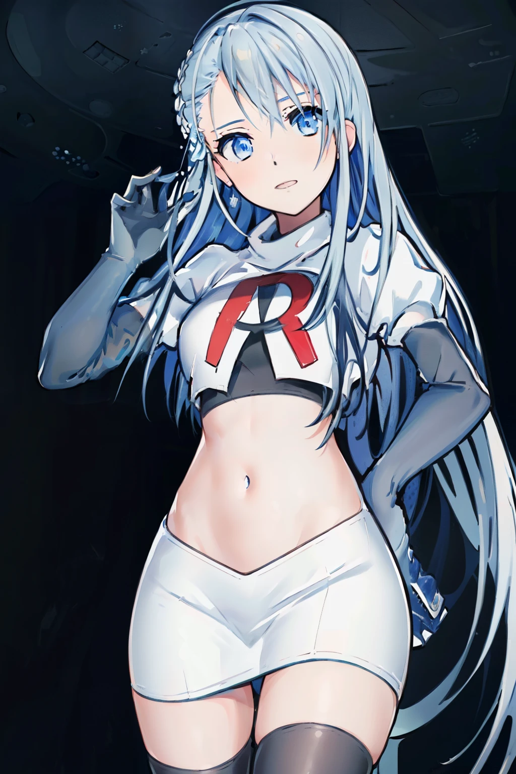 (best quality:1.1),(masterpiece:1.1),(illustration:1.1),(official art:1.1), 
1girl, solo focus, blue_hair, long hair, blue eyes, team rocket,team rocket uniform, red letter R, white skirt,white crop top,black thigh-highs,black elbow gloves,
(suzuna:1.2), 