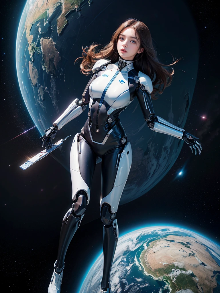 (surreal, high resolution, Very detailed:1.2), (8k), (Beautiful and delicate eyes, a delicate face:1.2), (top quality), (Super detailed), ((Masterpiece)), beautiful woman在太空中体验失重状态, Enjoy a spacewalk , Symmetrical, long hair, beautiful woman,blue eyes, (Beautiful girl in full body mechanical suit.:1.3), (half body shot), In the background you can see the beautiful blue earth,
