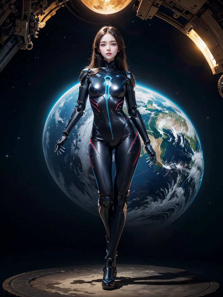 (surreal, high resolution, Very detailed:1.2), (8k), (Beautiful and delicate eyes, a delicate face:1.2), (top quality), (Super detailed), ((Masterpiece)), beautiful woman在太空中体验失重状态, Enjoy a spacewalk , Symmetrical, long hair, beautiful woman,blue eyes, (Beautiful girl in full body mechanical suit.:1.3), (half body shot), In the background you can see the beautiful blue earth,