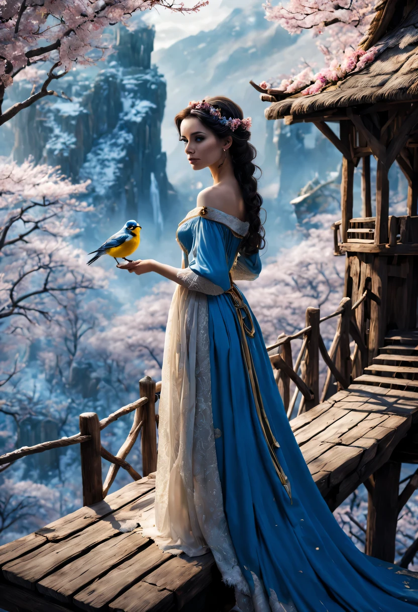 premiado, arte conceitual, belas artes, epic fantasy digital art, bird view，cinematic lighting, Vista descendente，plano super amplo，Viewing angle from afar，profundidade de campos，beautiful young lady (Branca de Neve ), (27 anos), ((((corpo inteiro)))), (((usando vestido longo Amarelo com Azul claro)), The beauty of an idyllic country fairy tale，((cachoeira))，Pitoresca, pitoresco, Rustic, ((Campo de arroz;1.7)), ((Peach blossom tree)), ((Pequenos rios:1.4)), ((The treehouse is connected to the treehouse by a wooden bridge)), epic,
