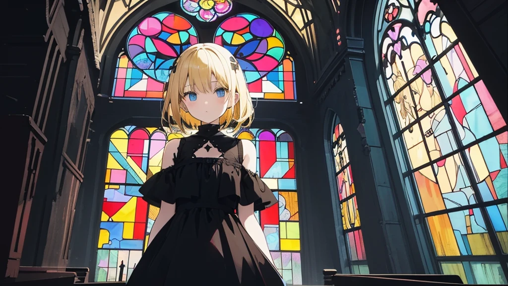 (1 girl, blonde hair, black ????????, kawaii), (abandoned church, stained glass), (low contrast, flat color, limited palette)