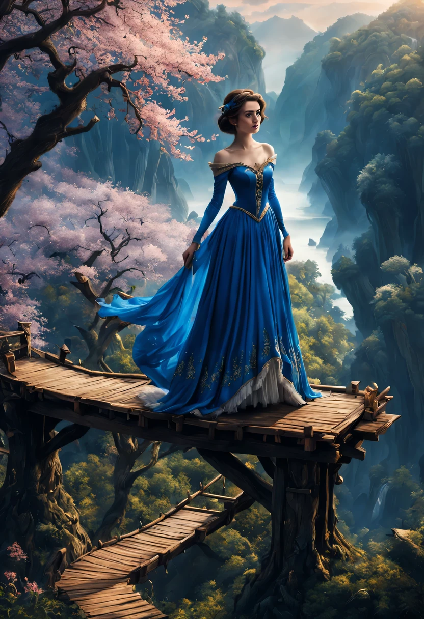 premiado, arte conceitual, belas artes, epic fantasy digital art, bird view，cinematic lighting, Vista descendente，plano super amplo，Viewing angle from afar，profundidade de campos，beautiful young lady (Branca de Neve ), (27 anos), ((((corpo inteiro)))), (((usando vestido longo Amarelo com Azul claro)), The beauty of an idyllic country fairy tale，((cachoeira))，Pitoresca, pitoresco, Rustic, ((Campo de arroz;1.7)), ((Peach blossom tree)), ((Pequenos rios:1.4)), ((The treehouse is connected to the treehouse by a wooden bridge)), epic,
