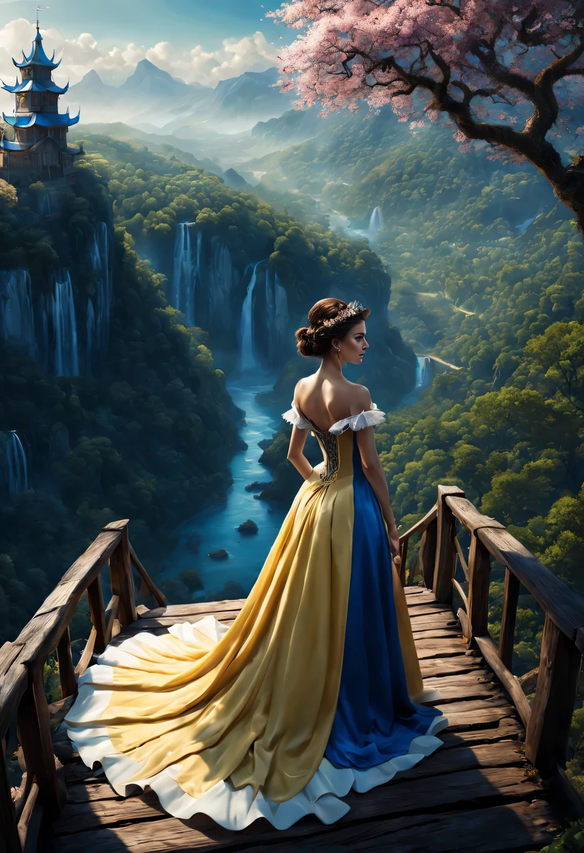 premiado, arte conceitual, belas artes, epic fantasy digital art, bird view,cinematic lighting, Vista descendente,plano super amplo,Viewing angle from afar,profundidade de campos,beautiful young lady (Branca de Neve ), (27 anos), ((((corpo inteiro)))), (((usando vestido longo Amarelo com Azul claro)), The beauty of an idyllic country fairy tale,((cachoeira)),Pitoresca, pitoresco, Rustic, ((Campo de arroz;1.7)), ((Peach blossom tree)), ((Pequenos rios:1.4)), ((The treehouse is connected to the treehouse by a wooden bridge)), epic,
