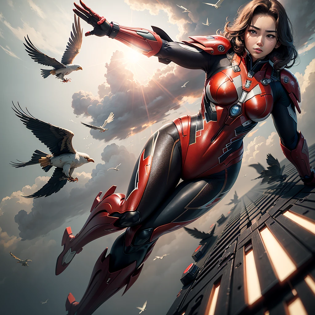 masterpiece, best quality, best quality, Soryu flying birds Langley, flying birds, Iron Woman Suit, Face, Red Mech Set