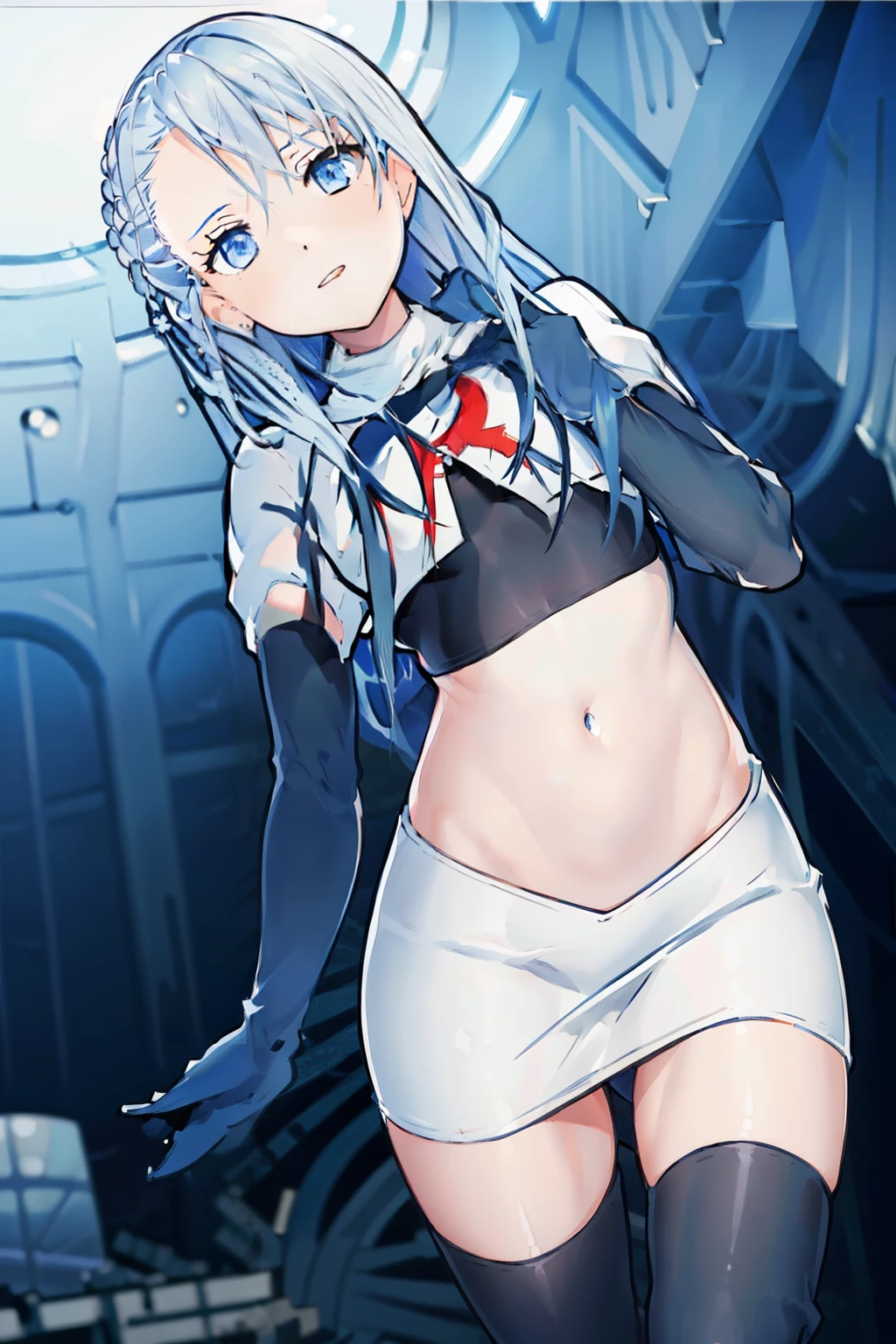 (best quality:1.1),(masterpiece:1.1),(illustration:1.1),(official art:1.1),
1girl, solo focus, blue_hair, long hair, blue eyes, team rocket,team rocket uniform, red letter R, white skirt,white crop top,black thigh-highs,black elbow gloves,
(suzuna:1.2),