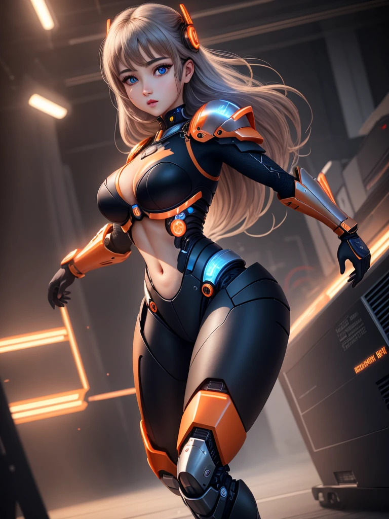 (8k), (mejor calidad), (obra maestra: 1.2), ((ultra realista)), Futuristic mecha girl on neon-lit sci-fi cover, estilo (cyberpunk:1.3), Llevar un traje mecha de batalla con detalles brillantes, posando sensualmente, Pechos grandes y cola grande (muslos hechizantes cuerpo completo) cuerpo completo, Detalles en blanco, , azul, (futurista detallada),(en una batalla, alien el espacio)