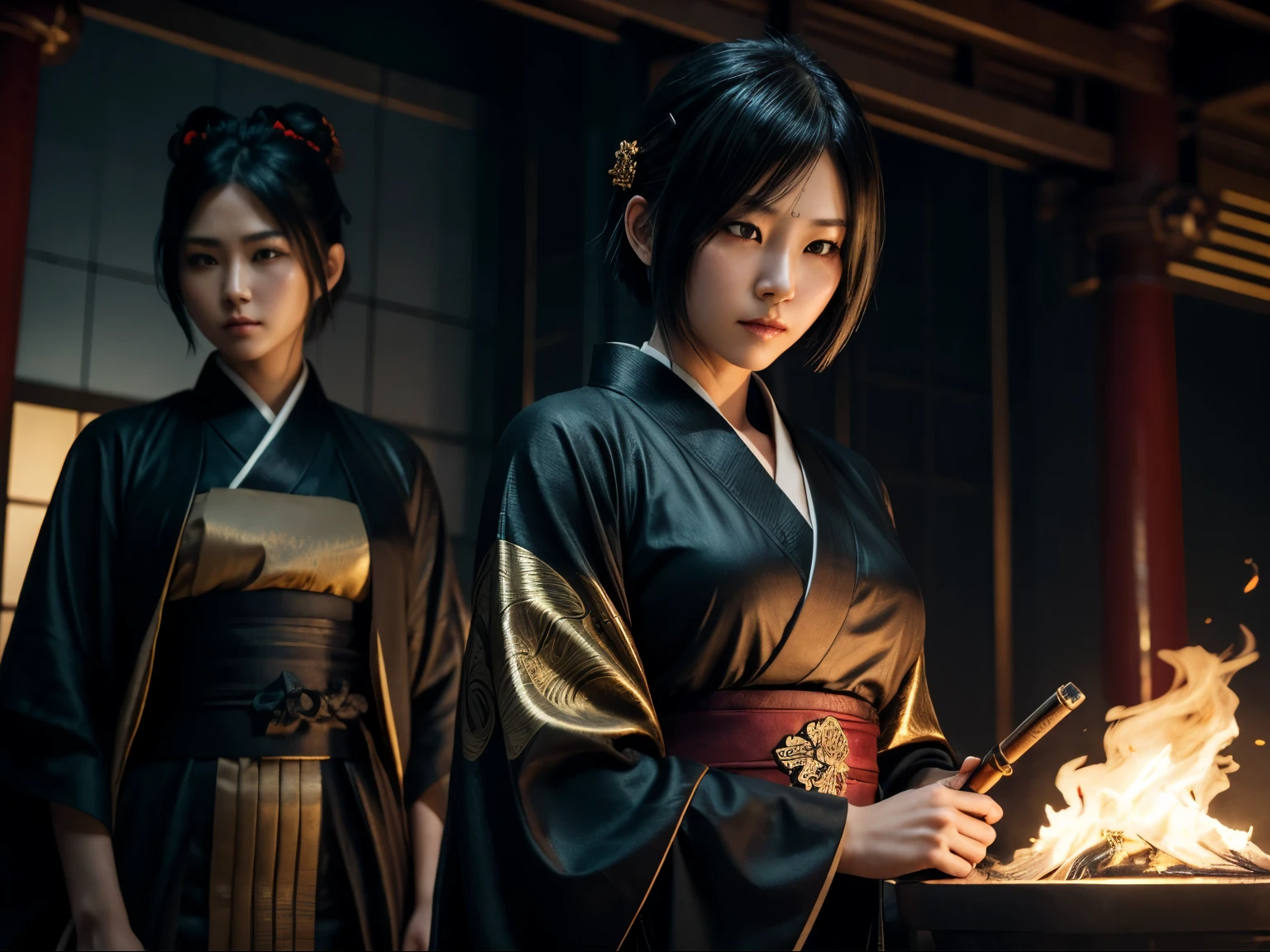 Unreal Engine 5,full HD,Final Fantasy render,black scarlet gold Japan age women,good figure,black eye mask,short bob hair,hairpins,the author:Nier:Automata character,zen temple background,Wear luxury sexy Kimono,effect with aurora surround,Holding long vintage pipe,smoking in the air, sitting on the iron thrones,poses bautiful movement,detailed silver kimono,black etched Kimono, effect flame in the air,and showcase the glowing angry golden red Japan dragon behind her back