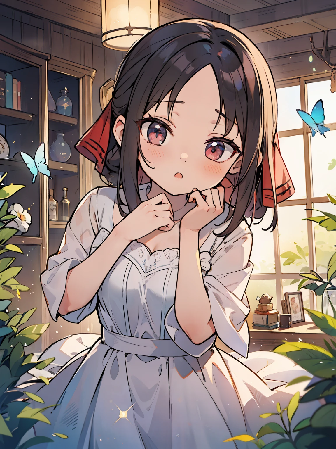 Kaguya shinomiya wearing a cute dress with 50000 butterflies lifting her, 4k, masterpiece, fireflies, organza ballgown dress, crystal sparkling, iridescent