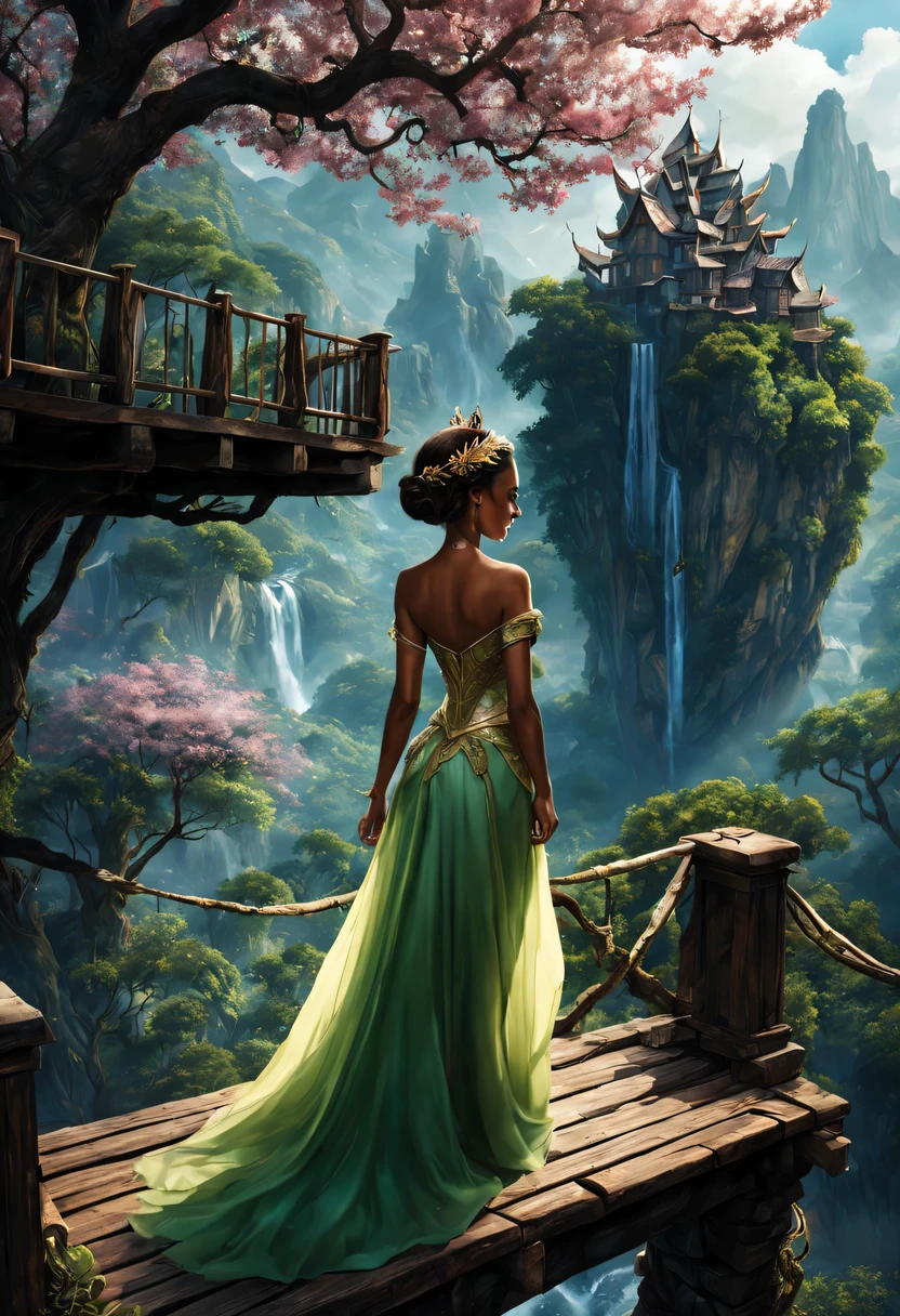 premiado, arte conceitual, belas artes, epic fantasy digital art, bird view，cinematic lighting, Vista descendente，plano super amplo，Viewing angle from afar，profundidade de campos，beautiful young lady (Princesa Tiana "princesa e o sapo" ), (27 anos), ((((corpo inteiro)))), (((usando vestido longo Azul claro)), The beauty of an idyllic country fairy tale，((cachoeira))，Pitoresca, pitoresco, Rustic, ((Campo de arroz;1.7)), ((Peach blossom tree)), ((Pequenos rios:1.4)), ((The treehouse is connected to the treehouse by a wooden bridge)), epic,
