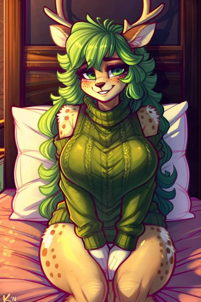 Deer girl, sexy, sensual, uploaded to E621, beautiful and detailed portrait of an anthropomorphic deer ((female))) uploaded to E621, ((by fluff-kevlar, by claweddrip, by dimwitdog, by Kilinah, by inkplasm)), light fur, spotted fur, freckles, fluff, antlers, lime green hair ((wavy hair)), green eyes, red turtleneck sweater, virgin killer sweater, mature, big breasts, thick thighs, teenager ((18years)), solo, bedroom, sitting on the bed, blush, embarrassed smile, long hair, full body, sitting on pillow,