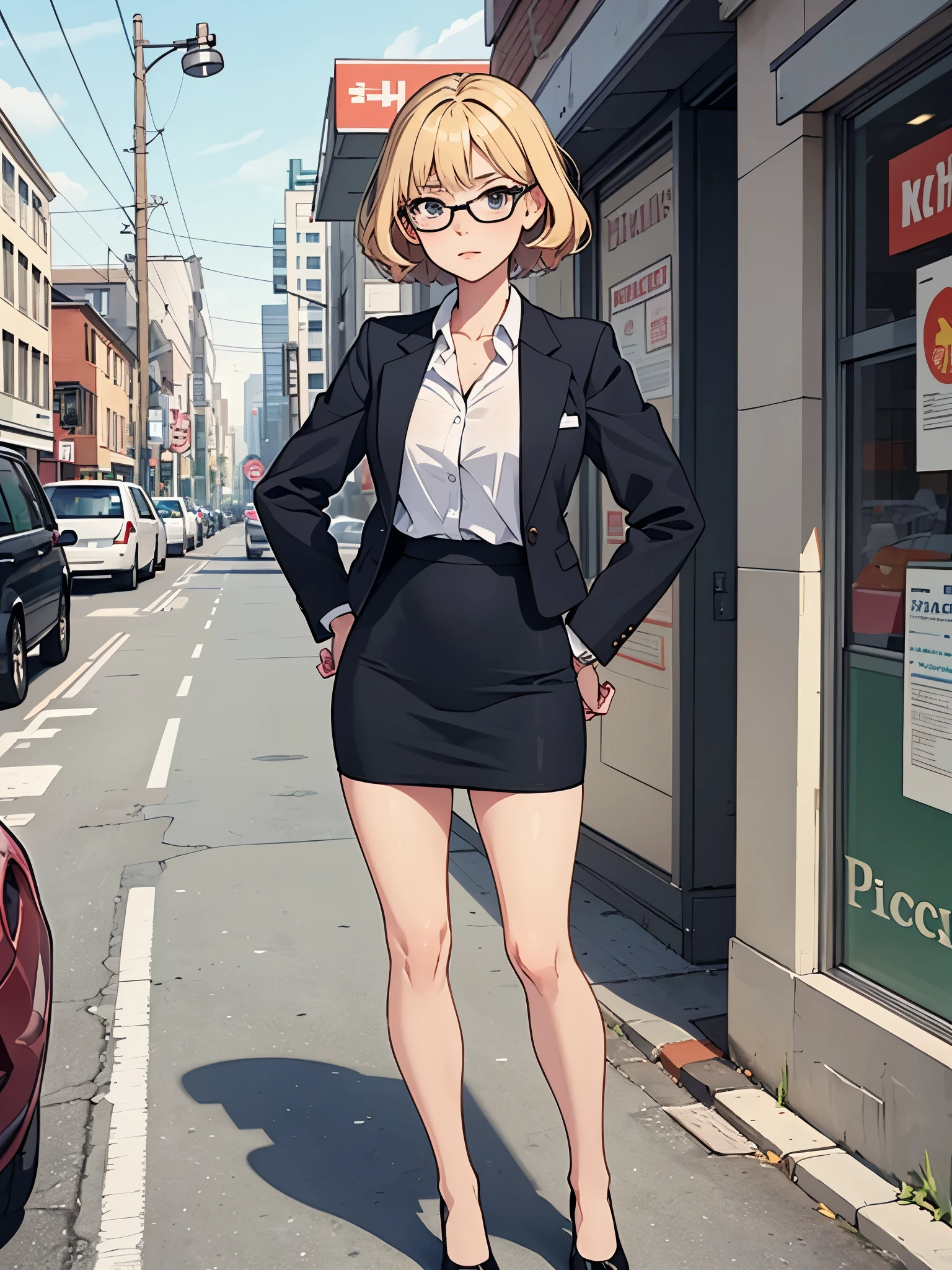(((pixel-perfect, detail-perfect))), 1girl, medium breasts, suit, skirt, pencil skirt, bare legs, glasses, shoes, city backdrop, solo, single, hands on hip, standing, full body shot, cowboy shot, beautiful detailed eyes, blonde hair, short hair, wavy hair, high school backdrop, outdoors, mature lady, teacher, perfect body, good proportions
