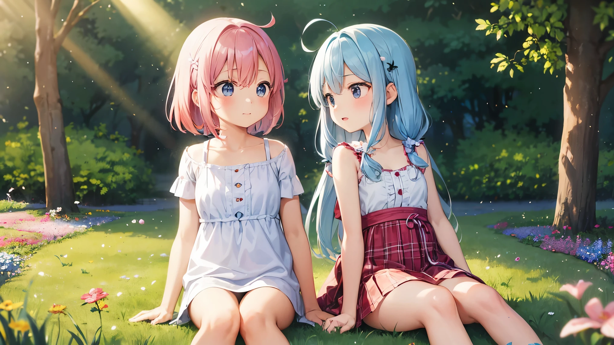 美しく無邪気な女の子2 people、child、2 people(1 person pink hair、1 person light blue hair)、beauty of nature、warm sun pouring down、Surrounded by wildflowers swaying in the breeze、enjoying time in the fields。Butterflies and birds fly around her、Adds a playful atmosphere。