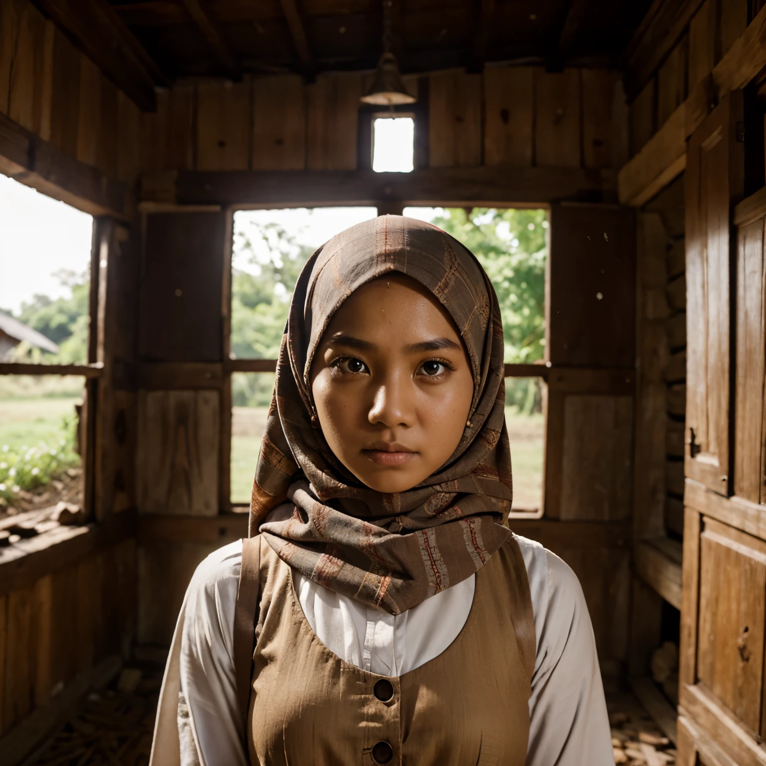 Bright skin malay girl, beautiful round eyes. Wearing hijab, thorned dress, inside old wood house. Fear expression.