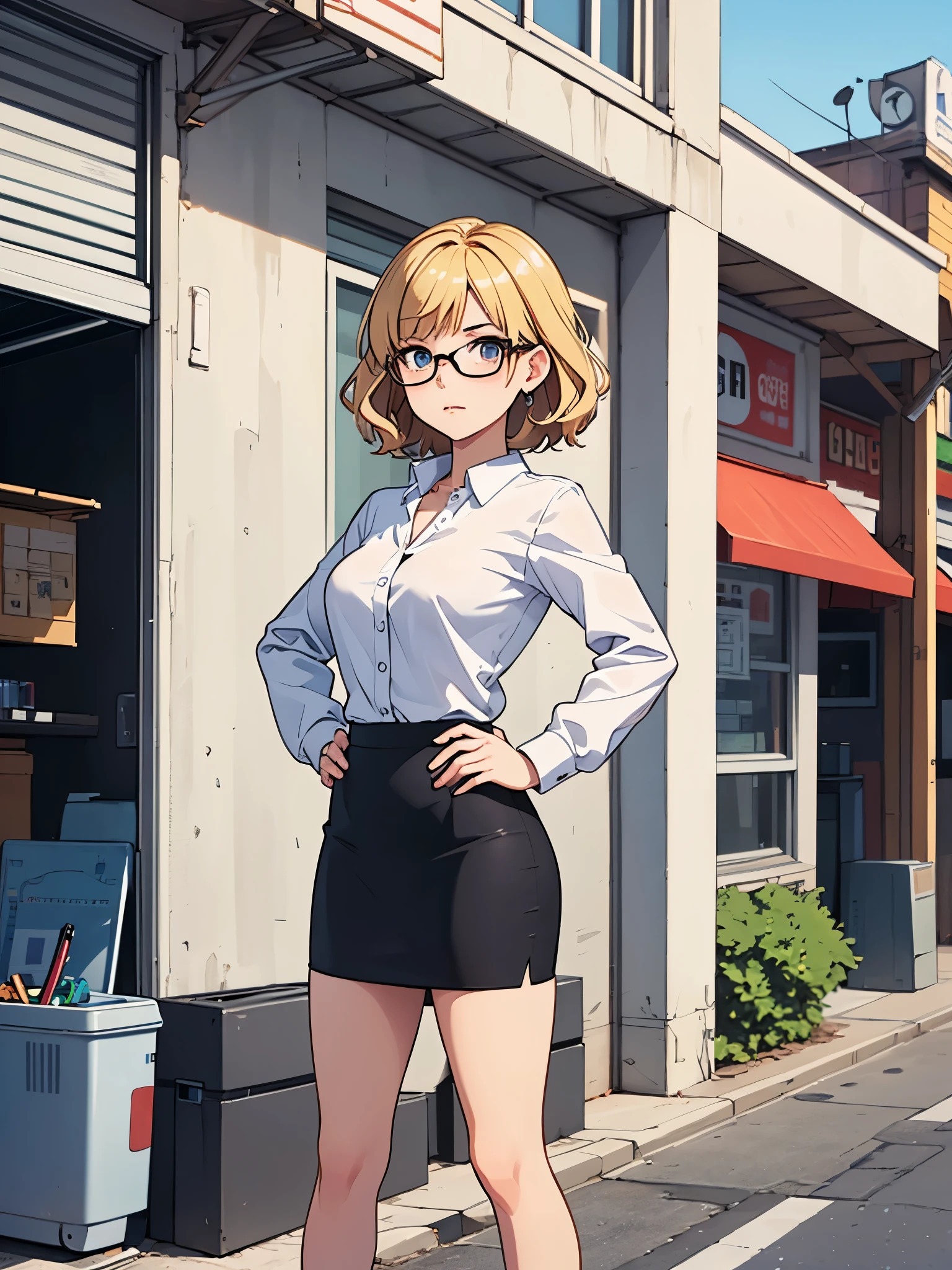 (((pixel-perfect, detail-perfect))), 1girl, medium breasts, suit, skirt, pencil skirt, bare legs, glasses, shoes, city backdrop, solo, single, hands on hip, standing, full body shot, cowboy shot, beautiful detailed eyes, blonde hair, short hair, wavy hair, high school backdrop, outdoors, mature lady, teacher, perfect body, good proportions