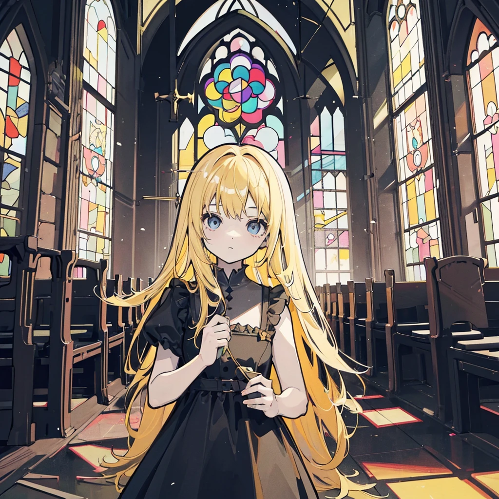(1 girl, blonde hair, black sundress, kawaii), (abandoned church, stained glass), (low contrast, flat color, limited palette)