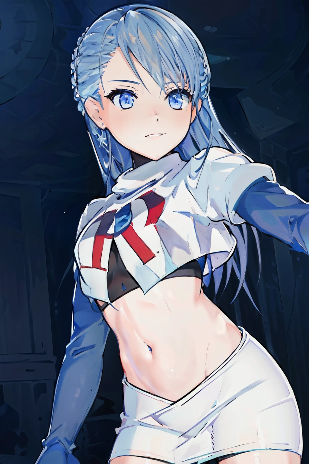 (best quality:1.1),(masterpiece:1.1),(illustration:1.1),(official art:1.1),
1girl, solo focus, blue_hair, long hair, blue eyes, team rocket,team rocket uniform, red letter R, white skirt,white crop top,black thigh-highs,black elbow gloves,
(suzuna:1.2),