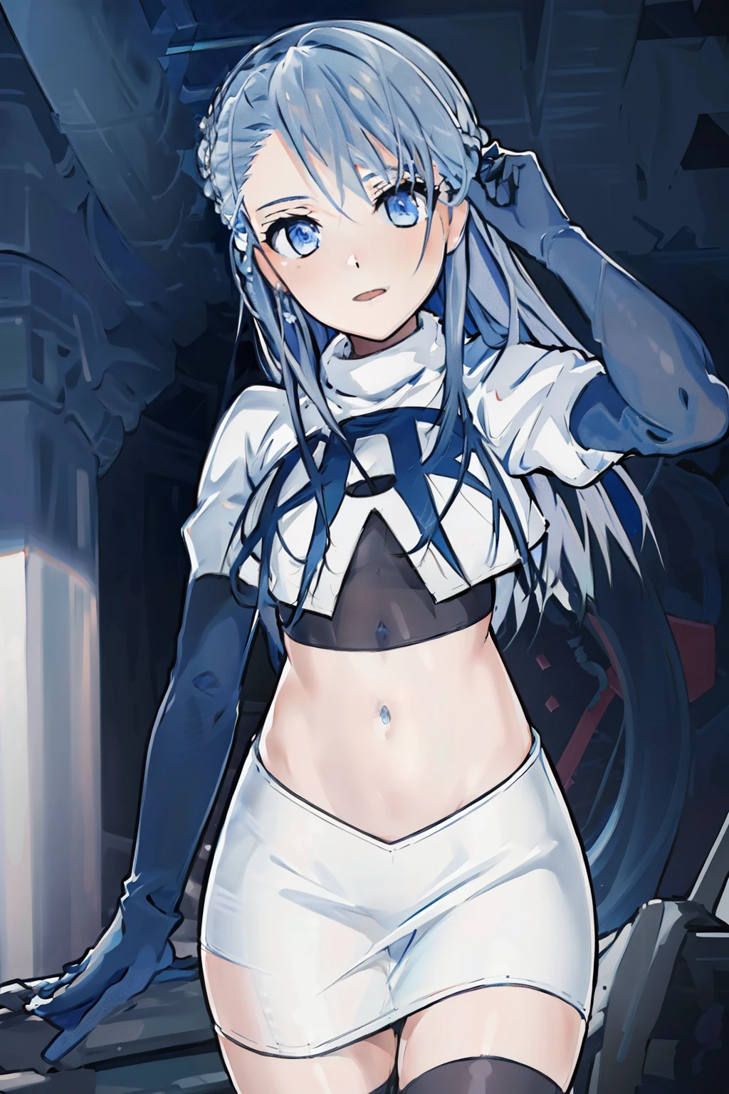 (best quality:1.1),(masterpiece:1.1),(illustration:1.1),(official art:1.1),
1girl, solo focus, blue_hair, long hair, blue eyes, team rocket,team rocket uniform, red letter R, white skirt,white crop top,black thigh-highs,black elbow gloves,
(suzuna:1.2),
