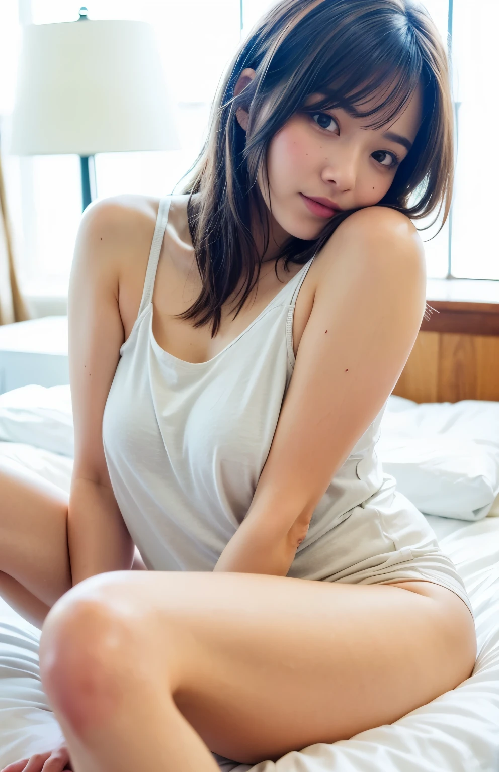 Highest Quality, masterpiece, Beautiful Girl, Japanese, Cute Girl, 1 girl,(small breasts), (small nipples), (sweet face:1.8),(coquettish face:1.6) ,(Ecstasy:1.6), 25 years old, Bedrooms, {less freckle}, (plump lips:1.2),Detailed face, Detailed eyes, Detailed lips, Detailed body, Detailed legs, Detailed arms, Shot with Canon EOS 5D Mark IV, ((35mm Film)),(dark blue light:1.8)