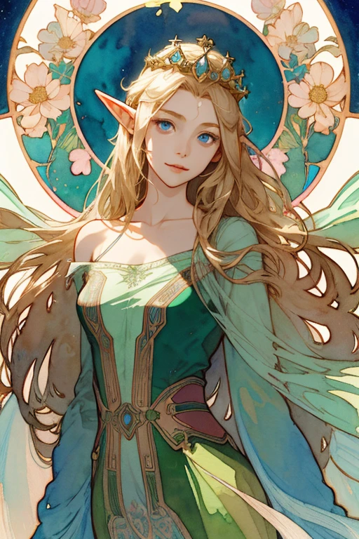 (Best Picture), (Watercolor), ((Matte)), (by Mucha), (Thick Outline), Flowing Lines, (High Resolution, Super Detail), Elf, 1 girl, , Skinny,Shin,(Flat breasts), Straight Long Hair, Beautiful golden hair, Blue eyes, Parted bangs, Hair swaying in the wind, Simple tiara, White skin, Front and upper body, Standing, Green queen dress, collarbone, geometric pattern, (flower), front, hand down, soft air, gentle smile, wind magic, symmetry