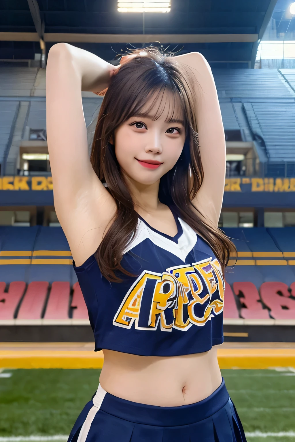 ((realistic lighting, highest quality, 8K, masterpiece: 1.3)), clear focus: 1.2, 1 girl, perfect figure: 1.4,(Cheerleader:1.3),(outdoor:1.5),(Look at armpits:1.5),(stadium:1.1),(cheer dance:1.3) , big breasts, ((dark brown hair)), super fine face, fine eyes, double eyelid,smile
