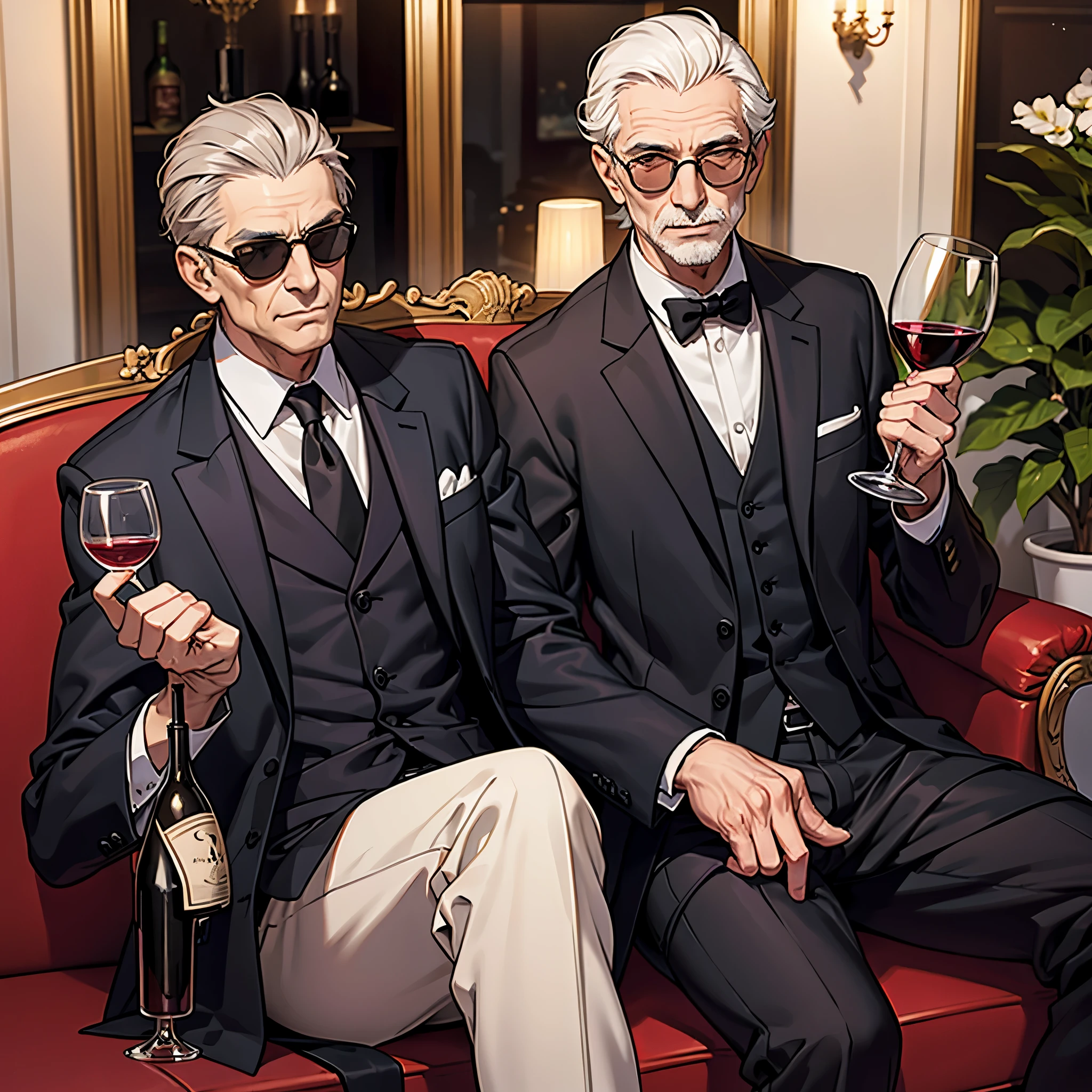 a slender french old man with sunglasses wearing a stylish black suit while drinking wine