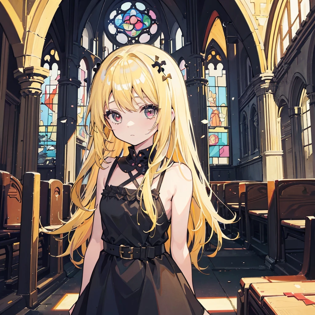 (1 girl, blonde hair, black sundress, kawaii), (abandoned church, stained glass)