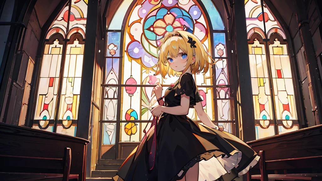 (1 girl, blonde hair, black sundress, kawaii), (abandoned church, stained glass)