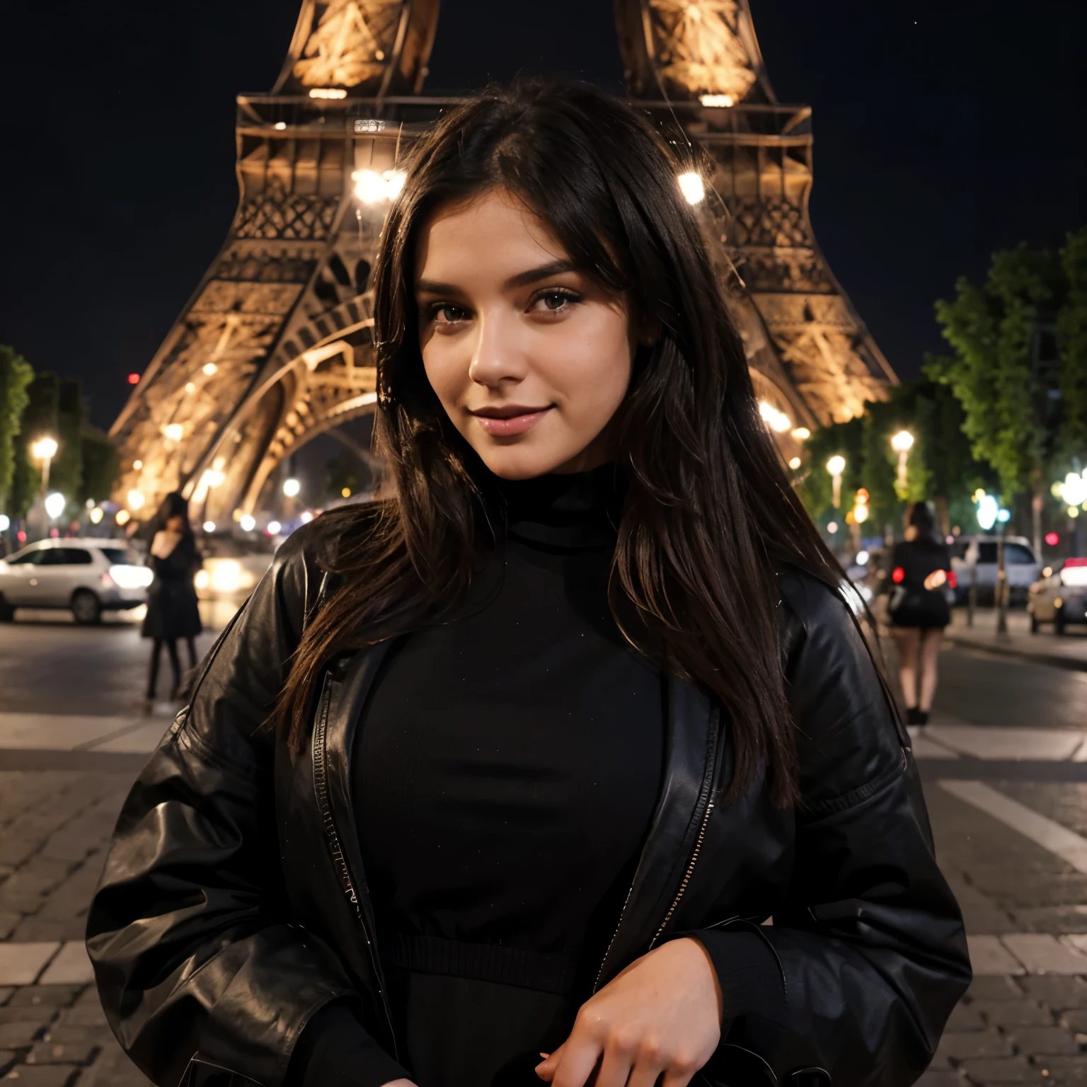 beautiful brunette girl sexy half smiling cute wearing cute black goth outfit in Paris modeling sexy looking cute outside at night, Eiffel Tower in background