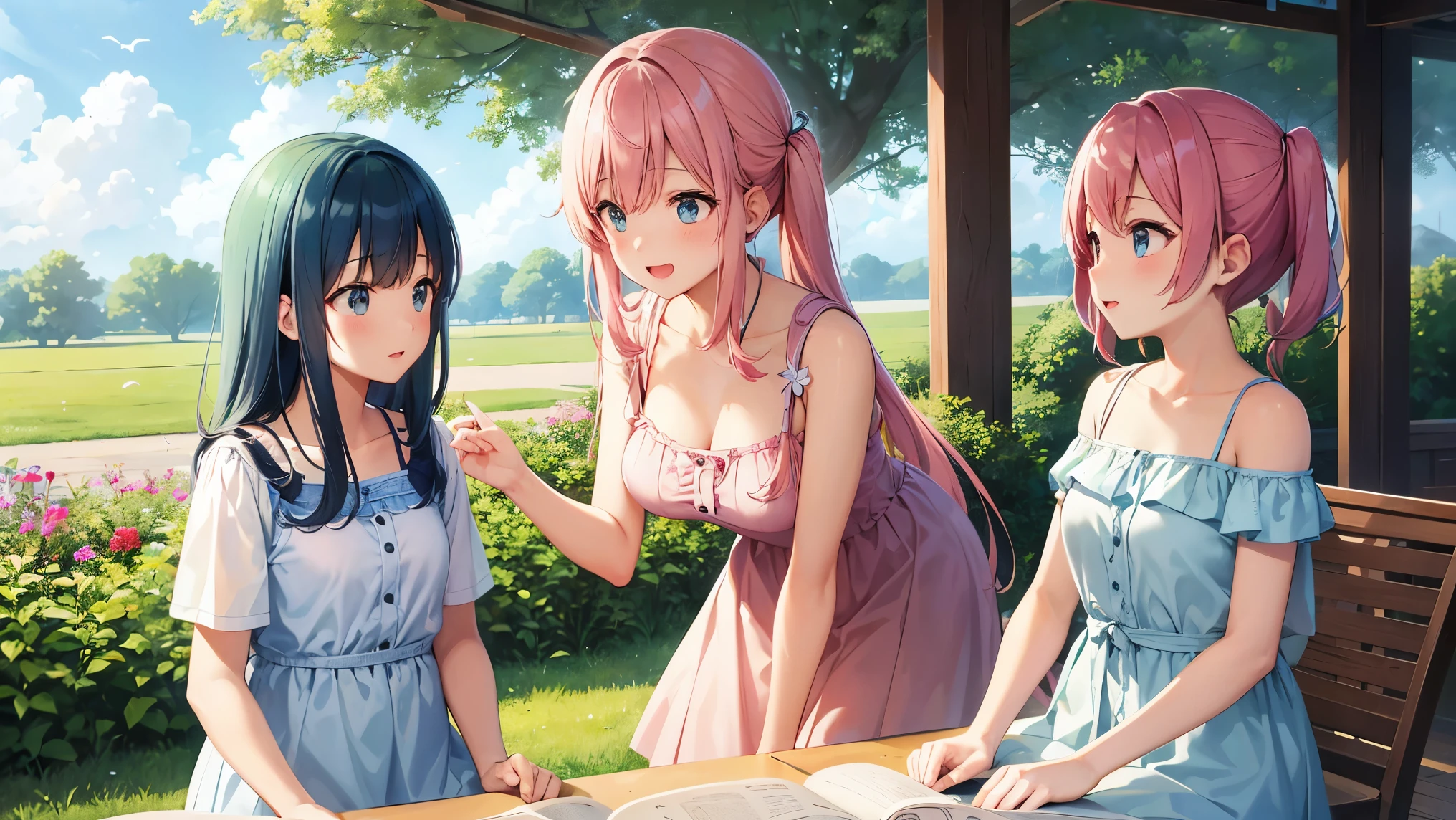 美しく無邪気な女の子2 people、Children and adults、2 people(1 person pink hair、1 person light blue hair)、beauty of nature、warm sun pouring down、Surrounded by wildflowers swaying in the breeze、enjoying time in the fields。Butterflies and birds fly around her、Adds a playful atmosphere。