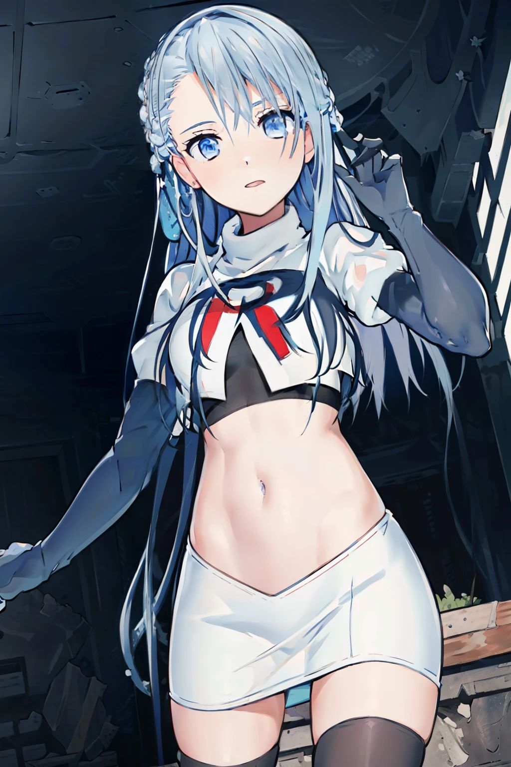(best quality:1.1),(masterpiece:1.1),(illustration:1.1),(official art:1.1),
1girl, solo focus, blue_hair, long hair, blue eyes, team rocket,team rocket uniform, red letter R, white skirt,white crop top,black thigh-highs,black elbow gloves,
(suzuna:1.2),