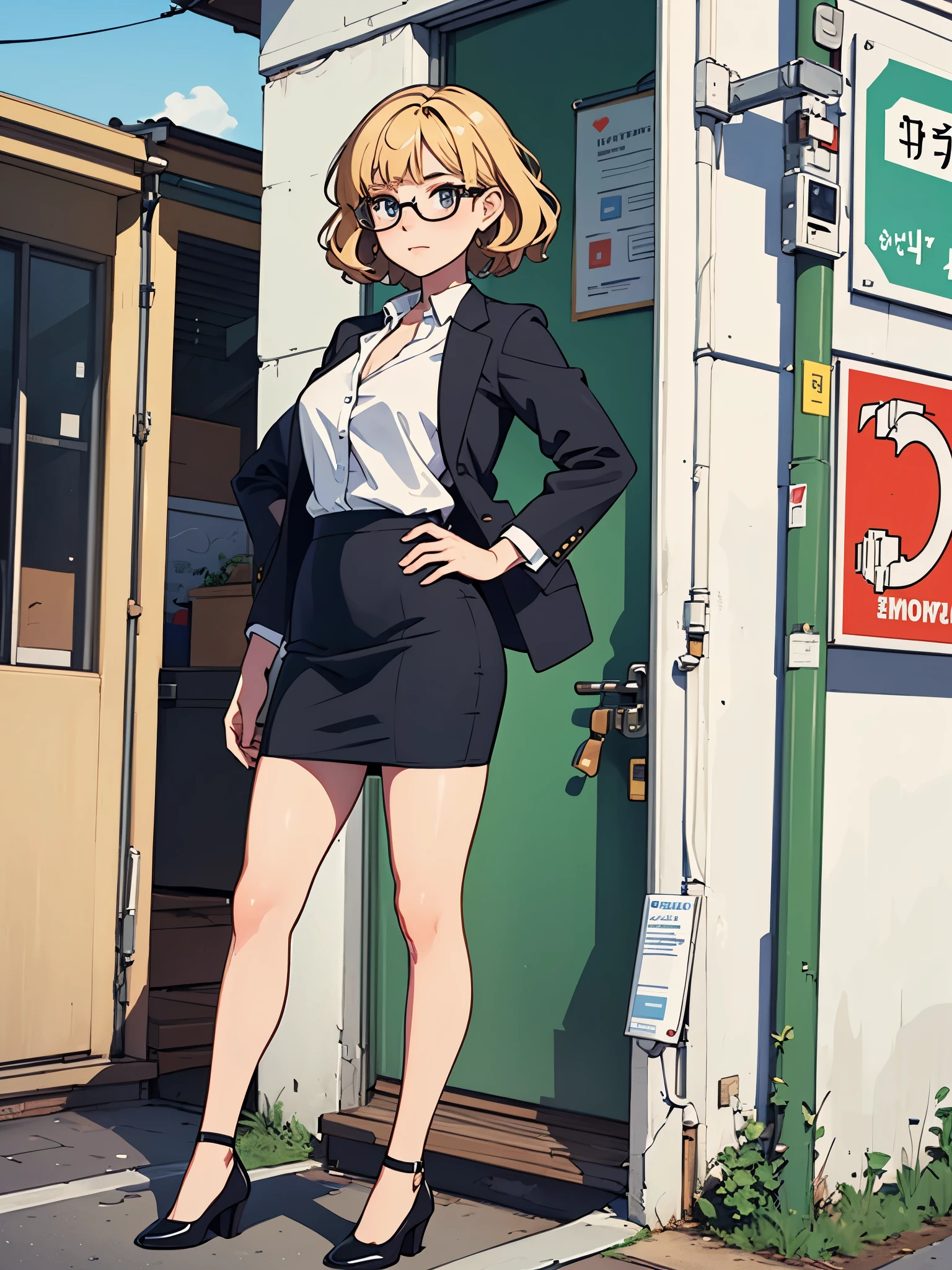 (((pixel-perfect, detail-perfect))), 1girl, medium breasts, suit, skirt, pencil skirt, bare legs, glasses, shoes, city backdrop, solo, single, hands on hip, standing, full body shot, cowboy shot, beautiful detailed eyes, blonde hair, short hair, wavy hair, high school backdrop, outdoors, mature lady, teacher, perfect body, good proportions, adetailer