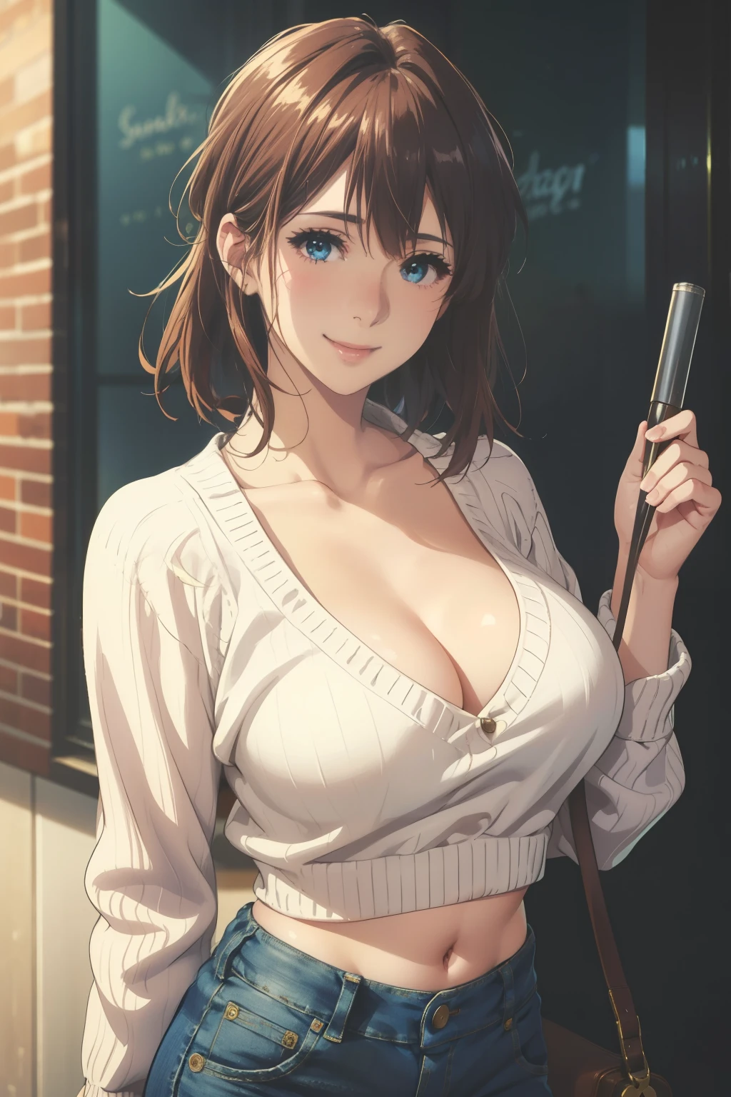 (1girl,masterpiece, highest quality, highest quality,beautiful and aesthetic:1.2,professional illustration:1.1,ultra detail:1.3, official art, professional illustration, Super detailed depiction, Super precise depiction, Highly detailed 8K illustrations, High resolution,perfect anatomy, perfect face, perfect hands、smile、big breasts、cleavage 、shiny skin:1.5、Chest with presence、mature woman)、Ragged hair、smile、white cropped sweater, belly button, sweater blur background、jeans、random pose、At random angles