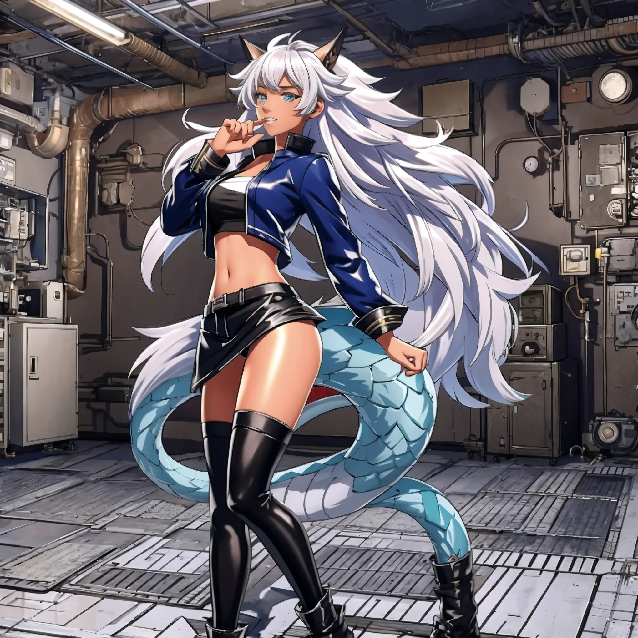 8k, resolution, high quality, high resolution, best quality, extremally detailed, best resolution, absurd resolution, ray tracing, high detailed, masterpiece, extremely detailed,shoulder length white hair, female,2 white wolf ears, teenage girl, slim body,white scale dragon tail,black boots,grey leggings, navel blue school skirt, sailor shirt, camo jacket, medium size chest, detailed blue eyes, detailed beautiful face,solo female,1 dragon tail, detailed eyes, tomboyish, dragon tail, white scales