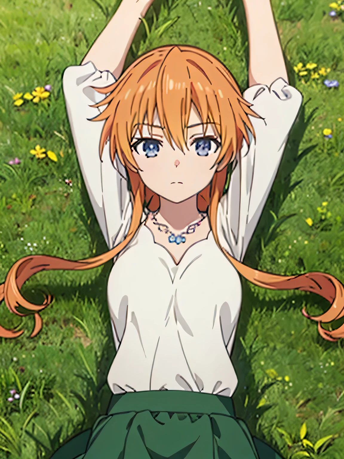 (((pixel-perfect, detail-perfect))), solo, 1girl, yuzuru yamai, white shirt, necklace, green skirt, looking at viewer, closed mouth, spread arms, arms up, expressionless, on back, on grass, looking at viewer, solo, center,