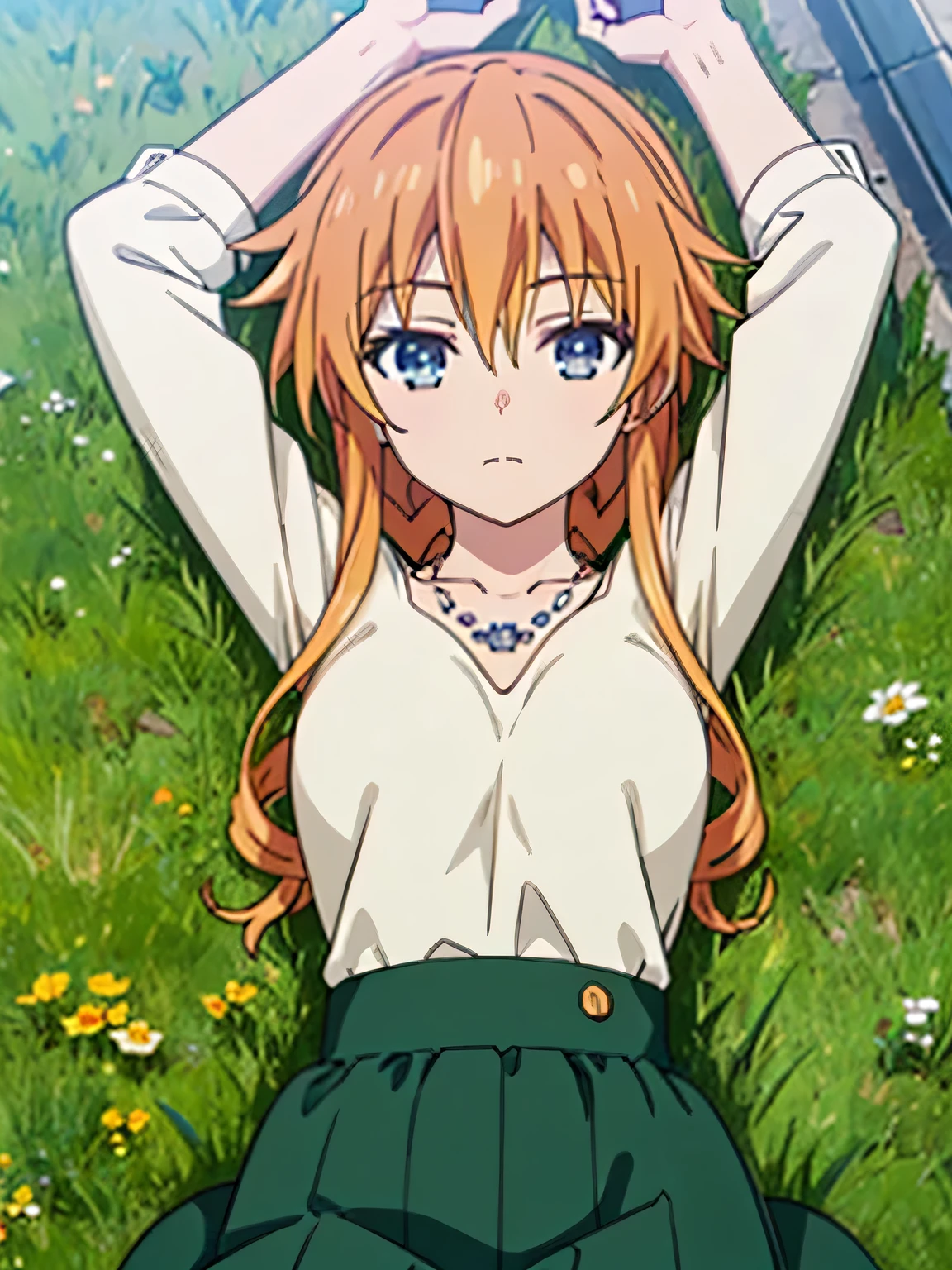 (((pixel-perfect, detail-perfect))), solo, 1girl, yuzuru yamai, white shirt, necklace, green skirt, looking at viewer, closed mouth, spread arms, arms up, expressionless, on back, on grass, looking at viewer, solo, center,