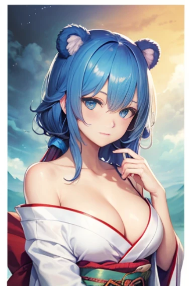 (((highest quality, High resolution, Like a cartoon in Japan))) ,(((bear ears,bear,beastman))),blue eyes, 1 girl, alone, looking at the viewer, blue hair, medium breasts, No bra,closed mouth, clavicle, white kimono, Broken kimono,cleavage,Two-dimensional beautiful girl,Japan anime beautiful girl