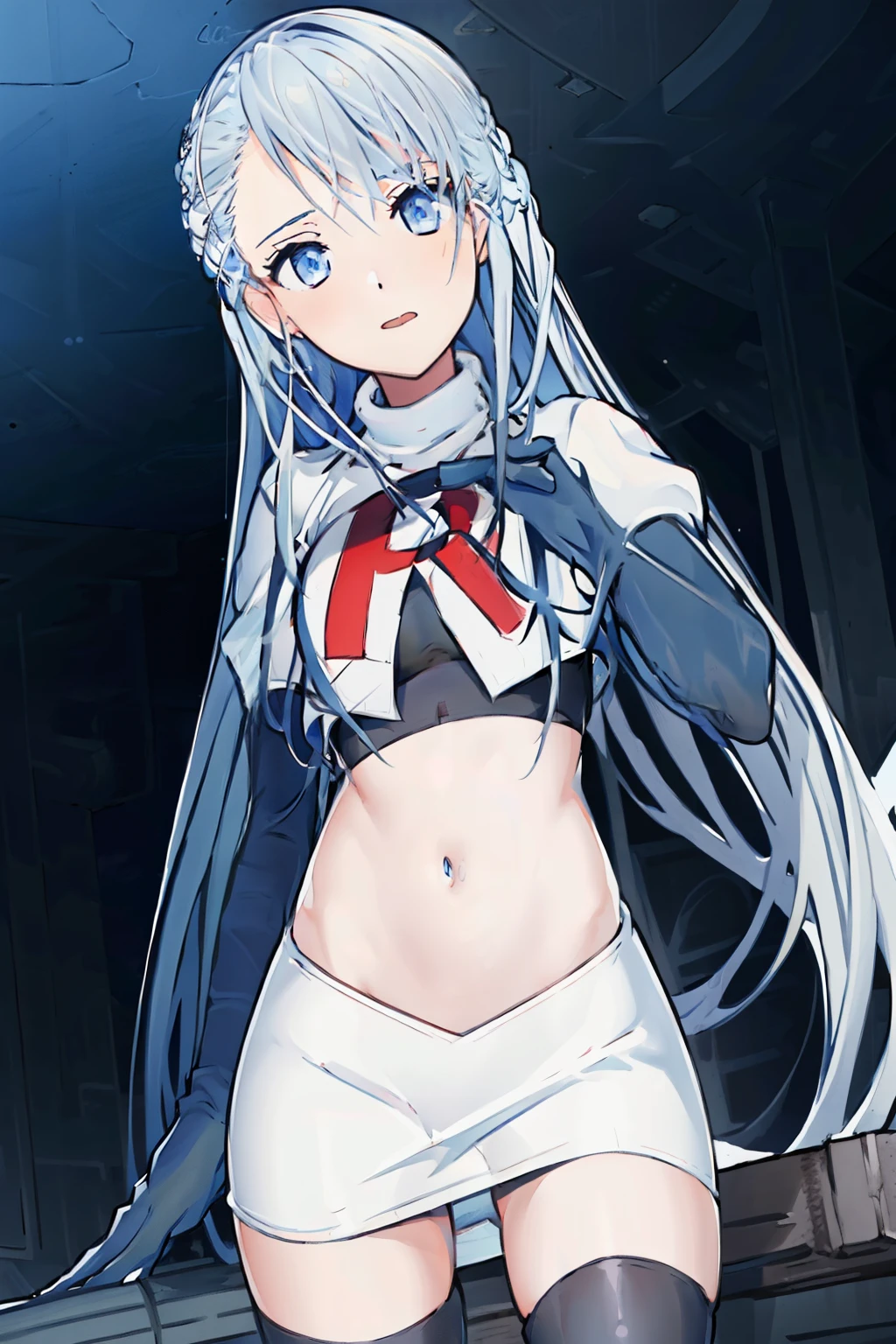 (best quality:1.1),(masterpiece:1.1),(illustration:1.1),(official art:1.1), 
1girl, solo focus, blue_hair, long hair, blue eyes, team rocket,team rocket uniform, red letter R, white skirt,white crop top,black thigh-highs,black elbow gloves,
(suzuna:1.2), 