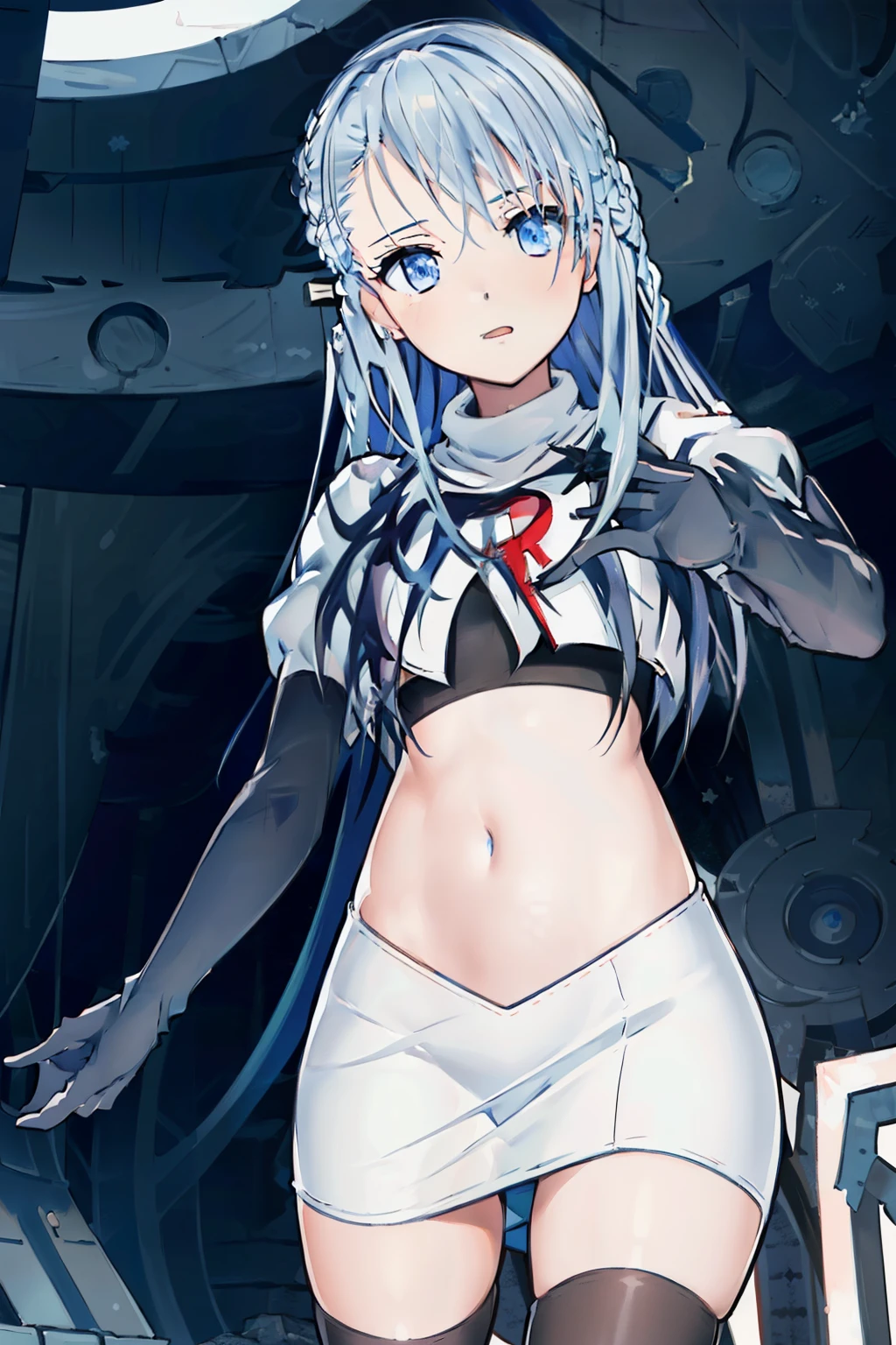 (best quality:1.1),(masterpiece:1.1),(illustration:1.1),(official art:1.1),
1girl, solo focus, blue_hair, long hair, blue eyes, team rocket,team rocket uniform, red letter R, white skirt,white crop top,black thigh-highs,black elbow gloves,
(suzuna:1.2),
