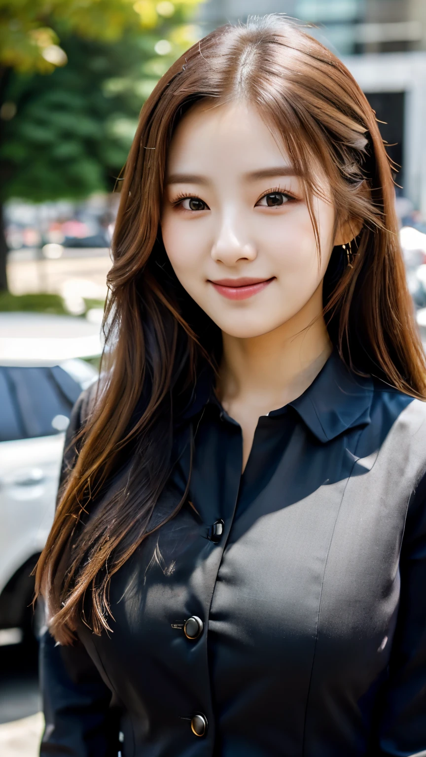 UHD, Extreme close-up of cute Korean female,Chest size 32 inches, wavy hair, slightly smile, wearing office suit uniform, standing in the office, bokeh background